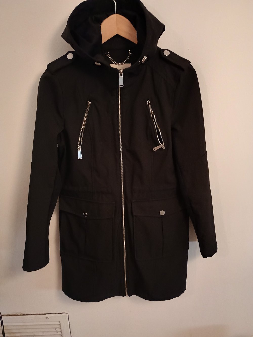 BCBGeneration Black Hooded Utility Jacket with Silver Zip Pockets Small